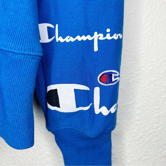 (Sold) Champion All Over Logo Hoodie Blue White Sweatshirt Jumper Long Sleeve - Picture 5 of 8